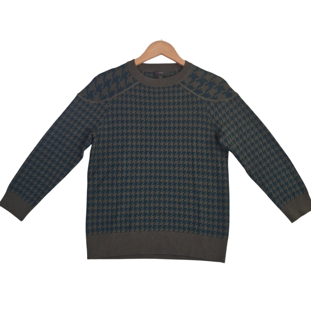 J. Crew Merino Wool Houndstooth Sweater Mens Medium Olive Green Navy Blue M